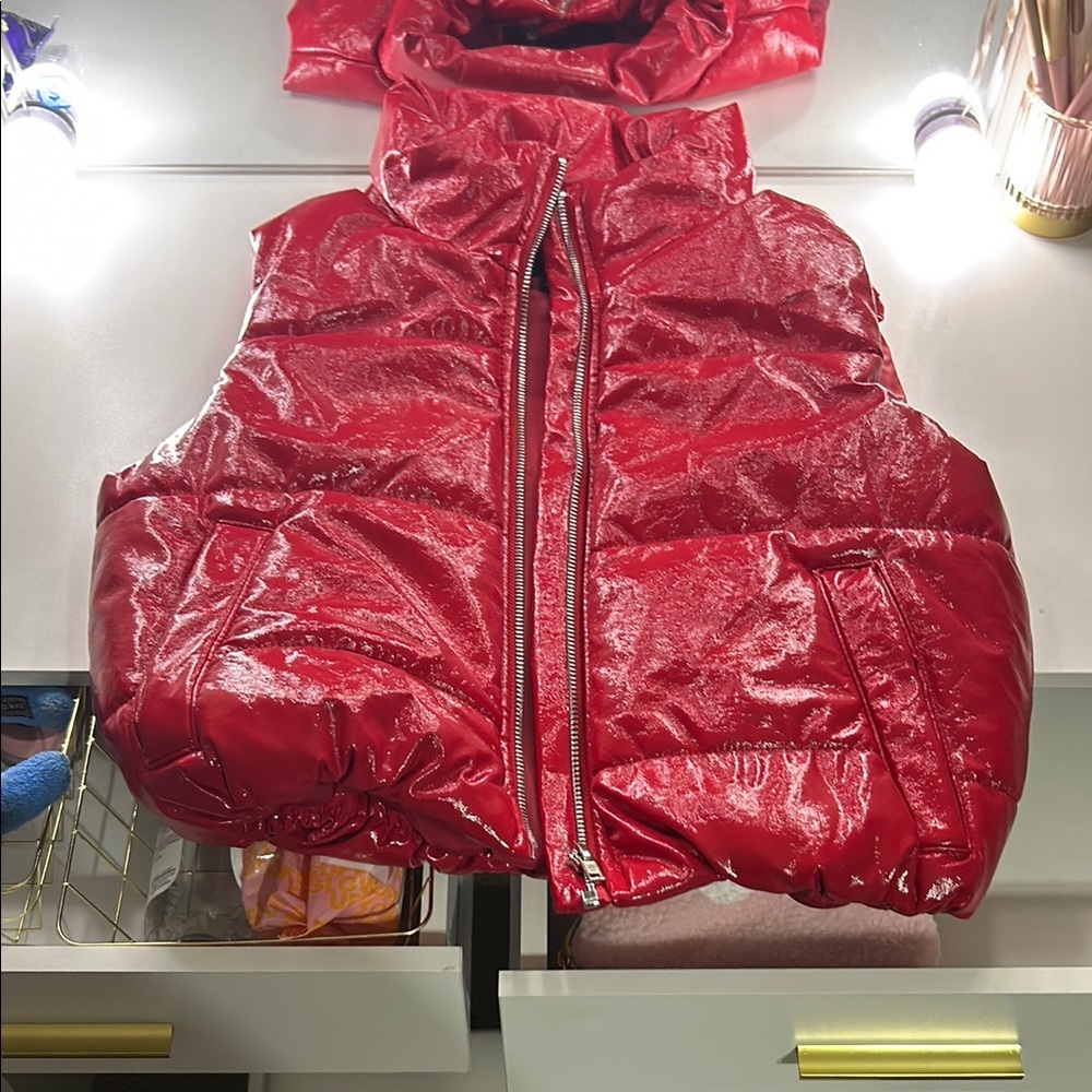 Ambiance Shiny Red Puffer Vest Worm once